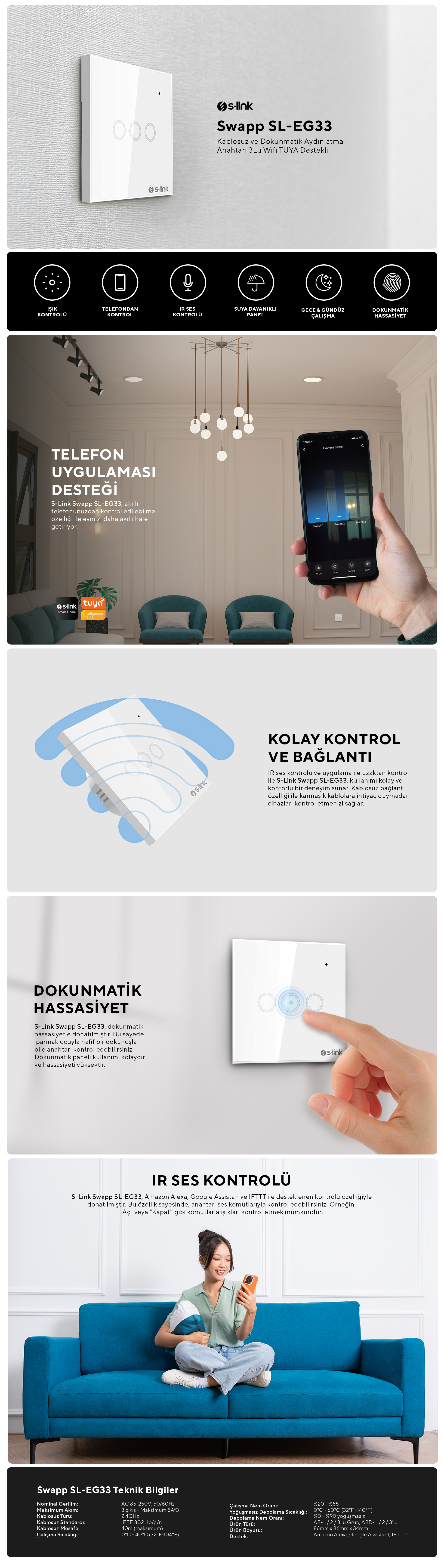 S-link SL-EG33 Kablosuz ve Dokunmatik Aydınlatma Anahtarı 3Lü Wifi
